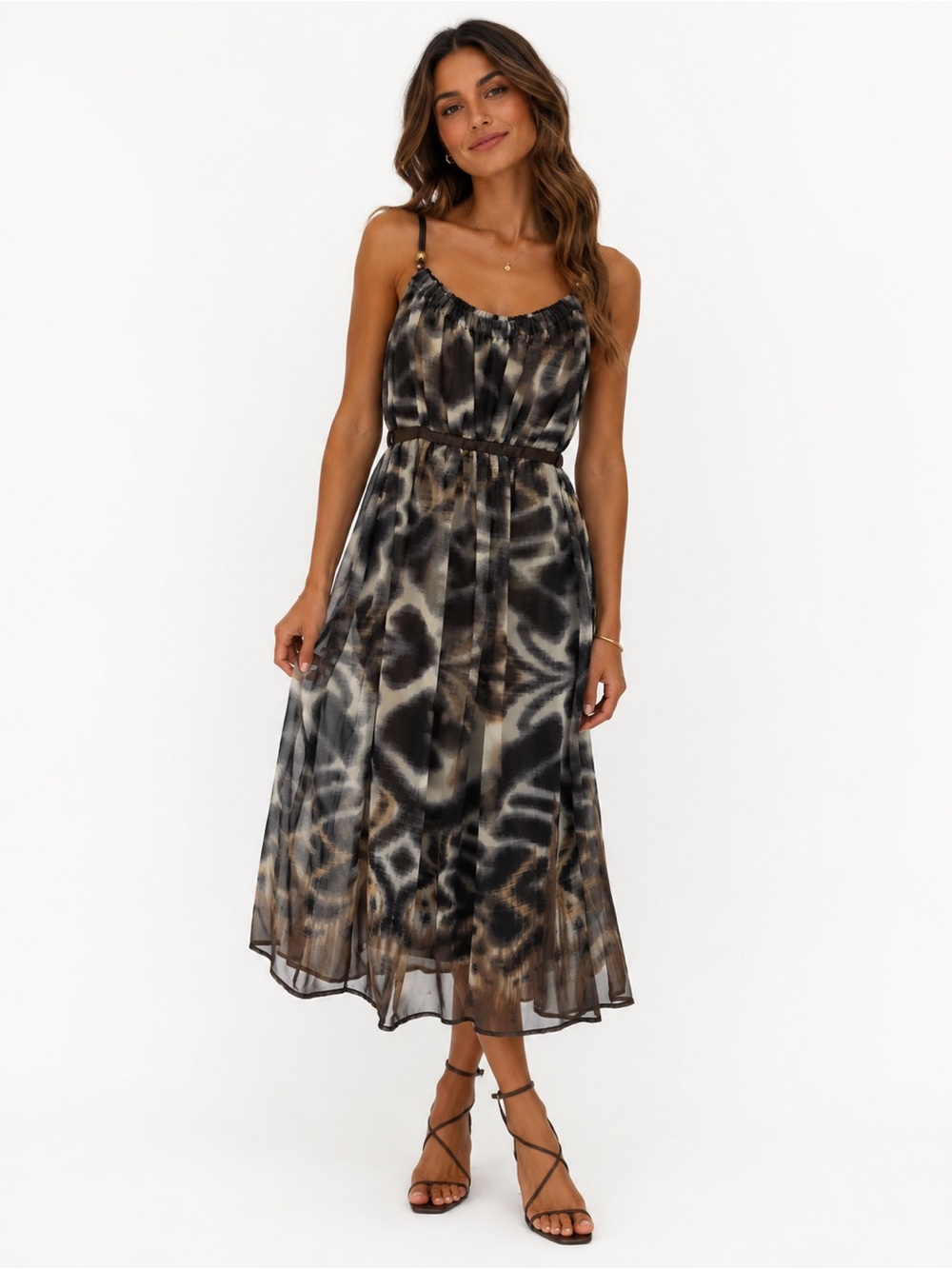 George Brown and Cream Printed Midi Dress with Spaghetti Straps